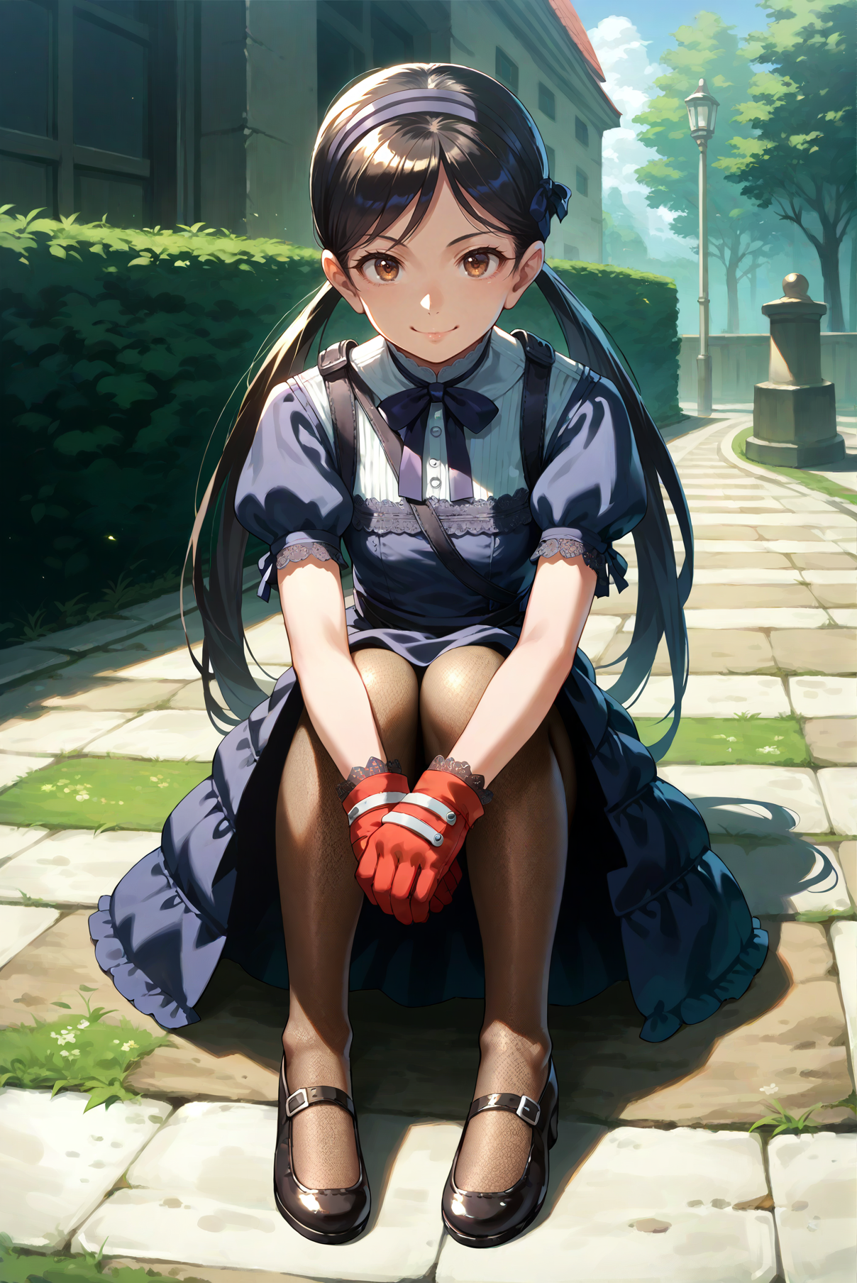 score_9, score_8_up, score_7_up, source_anime, Sitting with knees apart, hands on knees, smile, <lora:Saki_Onechanbara_Z2:0.8> 1girl, solo, long hair, black hair, brown eye, gloves, twintails, hairband, dress, fishnets, pantyhose, looking at viewer, outdoors