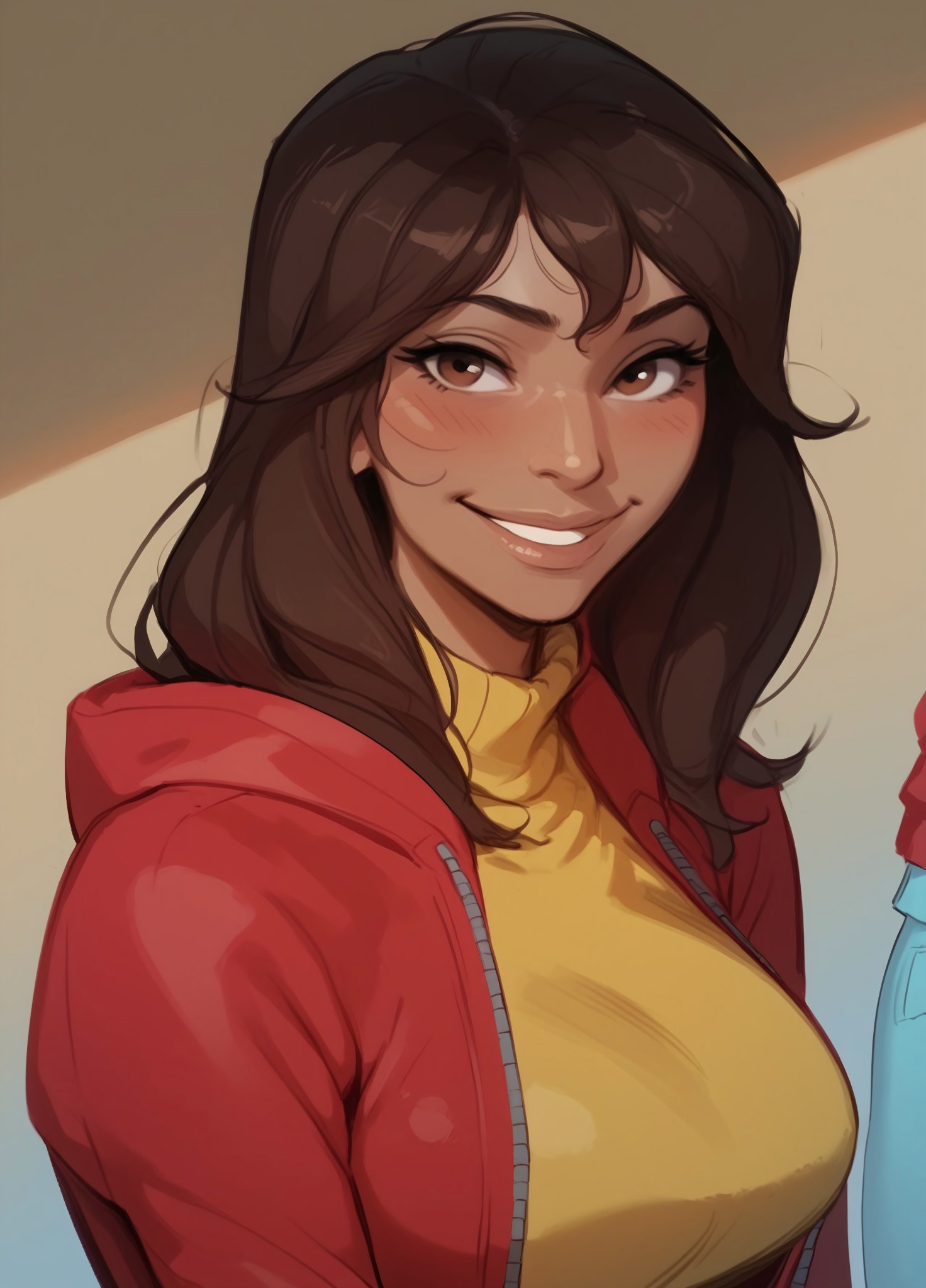 safe_pos, (score_9, score_8_up, score_7_up, score_6_up), Expressiveh, ((sketch, pastel, flat color)), masterpiece,

BREAK ((1girl, kamala khan, kamalakhan, brown hair, brown eyes, dark skin, long hair, dark-skinned female, large breasts, slender, medium waist, wide hips)), 

smile, blush, looking at viewer, (red hoodie, jacket, yellow shirt, blue jeans), portrait, solo, upper body