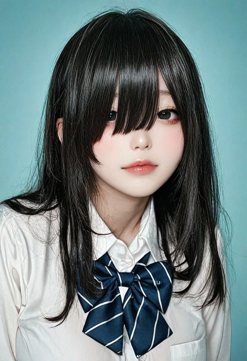 , raytracing, very awa, high resolution, official art, realistic, masterpiece, best quality, film grain, film still, realistic,photorealistic, super detailed skin, realistic skin, realistic human skin, realistic skin tones, Three-dimensional skin, (simple blue background:1.4),
BREAK
, korea girl cosplayers, taiwan girl cosplayers, japanese girl cosplayers, blue_archive, virtual youtuber, hololive, nijisanji.jp, (ars almal:0.8), (suzuhara lulu:0.8), (houshou marine:0.8),
BREAK
, kawaii girl, jiraikei face, (18-year-old), petite, front view, big eyes, looking at viewer, black hair, long hair, black eyes, downturned eyes, school uniform
BREAK
hair over eyes
long bangs
huge breasts
makeup
