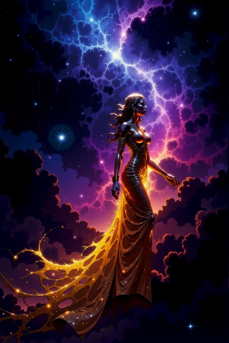 <lora:DGLO_style_v.7:0.75> DGLO style. A majestic figure emerges from a luminous nebula, her presence exuding power and grace as if she were the queen of the cosmos. Her gown, crafted from shimmering stardust, glows with deep blues and purples, with trails of fiery orange and pink streaming behind her like a comet’s tail. Her hair, weightless and alive, flows like liquid light, entwined with tiny stars that sparkle with radiant energy. The nebula around her swirls with intense colors, forming the shapes of galaxies in motion. Her profile is illuminated by the soft glow of a nearby star, her face serene yet commanding. She is both ethereal and otherworldly, a celestial being who bridges the divide between mortals and the universe's infinite mysteries.