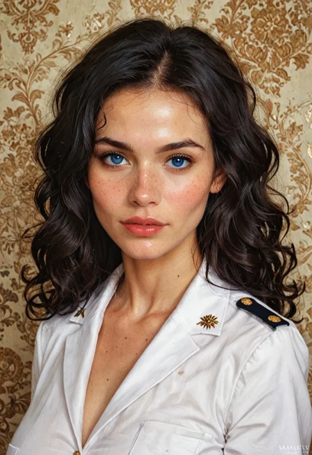 score_9, score_8_up, score_8_up, raw, 1girl, blue eyes, wavy hair, large breasts,beautiful woman , ,SajaniDG,,black hair ,seductive,white Navy uniform , (masterpiece) (best quality) (detailed) (8k) (HDR) (wallpaper) (cinematic lig,oil paintinghting) (sharp,zPDXL3 focus) (intricate)
