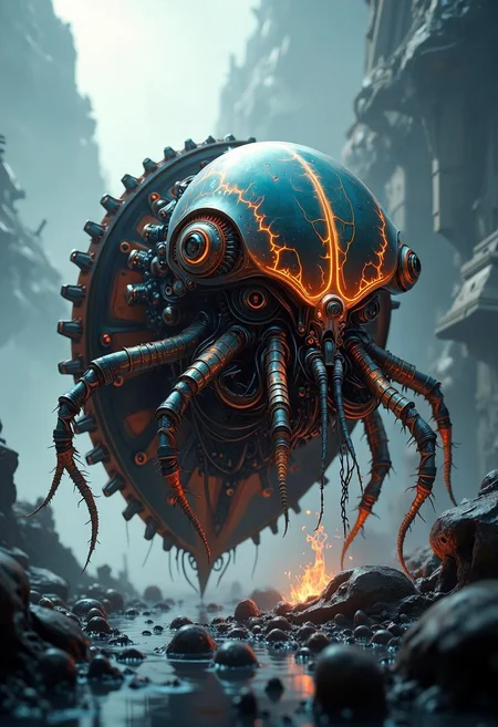 A yfg-bgy pulsating cybernetic mollusk moves through a biomechanical wasteland, its veins of molten metal coursing through its shell catching the faint light of its surroundings. a shifting mass of sentient nanomachines create an eerie atmosphere as the entity glides forward, its presence both mesmerizing and unsettling. A deep, droning hum reverberates through the air, signaling the presence of something ancient, something watching from the shadows.