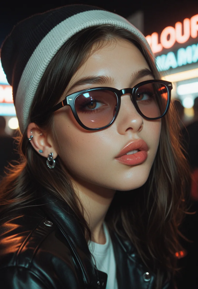 score_9, score_8_up, score_7_up, gorgeous face, 22yo, young, face close up, alternative girl, watching over black sunglasses, jacket, neon light reflections on skin, ear ring, makeup, skin imperfection, cute hair, beanie, neon lights background, low light, depth of field, highly detailed, high contrast, film grain, Rim Lighting, Long Exposure, DSLR, kissing lips,