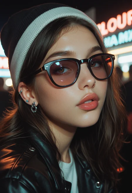 score_9, score_8_up, score_7_up, gorgeous face, 22yo, young, face close up, alternative girl, watching over black sunglasses, jacket, neon light reflections on skin, ear ring, makeup, skin imperfection, cute hair, beanie, neon lights background, low light, depth of field, highly detailed, high contrast, film grain, Rim Lighting, Long Exposure, DSLR, kissing lips,