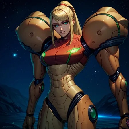 score_9, score_8 score_7, score_6_up, PrimeVaria, power_suit, samus, Green_arm_cannon, 1_hand, space_background, metallic, standing, 1girl, blonde, solo, rocky_environment, close_up, smile, night, stars, purple_sky,