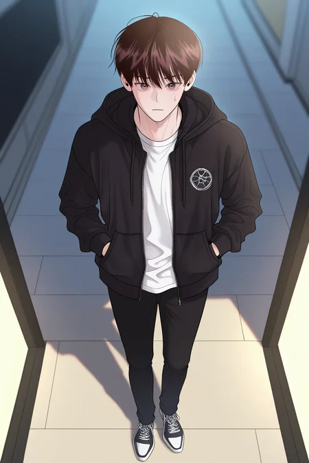masterpiece, best quality, amazing quality, very aesthetic, high resolution, ultra-detailed, absurdres, newest, scenery, volumetric lighting, depth of field,anime screencap, , , 1boy, solo, male focus,<lora:yoil:0.85>,won yo il,dark brown hair,brown eyes,short hair,shirt, long sleeves, closed mouth, standing,white shirt, full body, shoes, pants, hood, sweatdrop, open hoodie, hoodie, black pants, hood down, hooded, hands in pockets, black hoodie,from above,looking at viewer