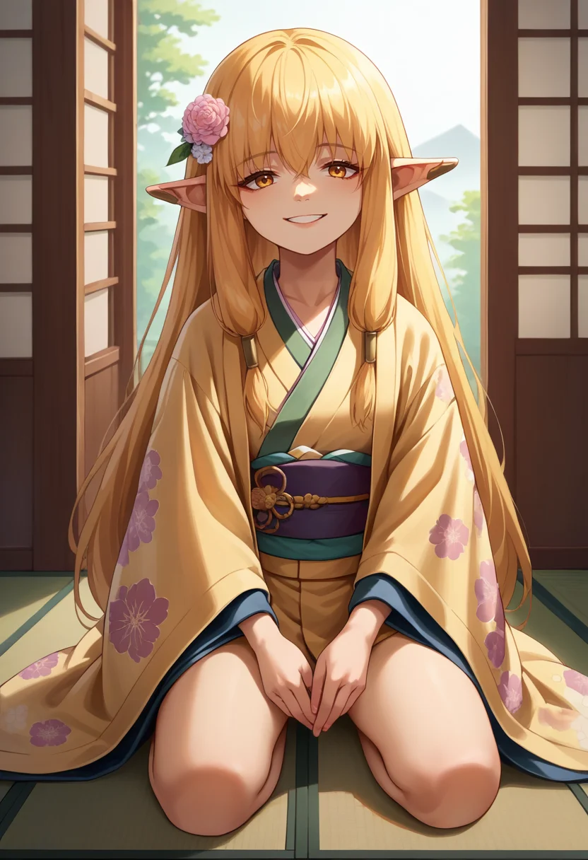 score_9, score_8_up, source_anime, 1girl, solo, Serie, long hair, hair tubes, ear bar, indoors, kimono, hair flower, floral print, wariza, kneeling, smile, <lora:ChamSeriePonyXL:1>