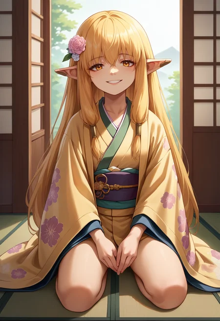 score_9, score_8_up, source_anime, 1girl, solo, Serie, long hair, hair tubes, ear bar, indoors, kimono, hair flower, floral print, wariza, kneeling, smile, <lora:ChamSeriePonyXL:1>