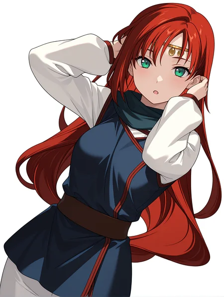 masterpiece,best quality,newest,1girl,solo,
<lora:elenoa_ilxl_v3.1:1>,elenoa,red hair,very long hair,green eyes,e_circlet,e_02clothes,long_sleeves,white sleeves,blue clothes,
<lora:Fixhands_anime_bdsqlsz_V1:1>,light_blush,white background,simple background,standing,cinematic_angle,dutch angle,(face_focus:1.2),looking_at_viewer,smile,:o,dynamic_angle,upper_body,hand_in_hair,portrait,