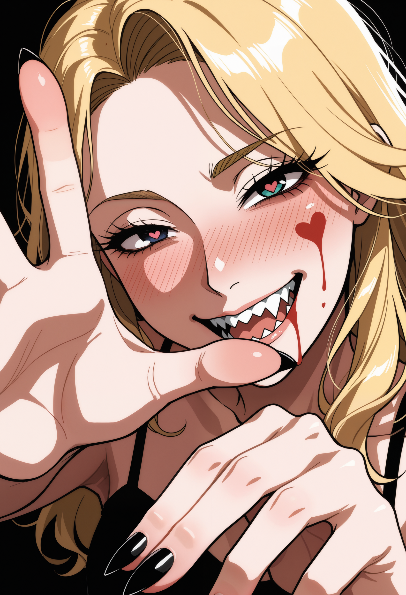 (dark mood masterpiece Photography:1.2), retro game art textured painterly sketch, messy rough sketch,  heart, heart-shaped pupils,  1girl, blonde hair, half-closed eyes, gesugao, smug, full-face blush, blood on face, simple background, black background, perspective, foreshortening, black nails, sharp fingernails, reaching, sharp teeth, masterpiece, best quality, amazing quality, dutch angle shot,upper body shot . 16-bit, vibrant colors, pixelated, nostalgic, charming, fun, The extreme realism focuses on her detailed skin, showing fine textures and natural highlights. photography masterpiece, modern, irresistible beauty, fuzzy lighting, dark mood, unusual composition, use of negative space, (rule of thirds composition), simmetry , mysteriouse, emotional, groundbreaking unrivaled opus with unrivaled details, highly detailed, melancholic, low-light hyper detailed photography, catchlights