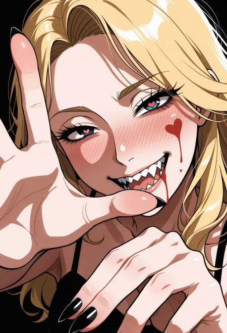 (dark mood masterpiece Photography:1.2), retro game art textured painterly sketch, messy rough sketch,  heart, heart-shaped pupils,  1girl, blonde hair, half-closed eyes, gesugao, smug, full-face blush, blood on face, simple background, black background, perspective, foreshortening, black nails, sharp fingernails, reaching, sharp teeth, masterpiece, best quality, amazing quality, dutch angle shot,upper body shot . 16-bit, vibrant colors, pixelated, nostalgic, charming, fun, The extreme realism focuses on her detailed skin, showing fine textures and natural highlights. photography masterpiece, modern, irresistible beauty, fuzzy lighting, dark mood, unusual composition, use of negative space, (rule of thirds composition), simmetry , mysteriouse, emotional, groundbreaking unrivaled opus with unrivaled details, highly detailed, melancholic, low-light hyper detailed photography, catchlights