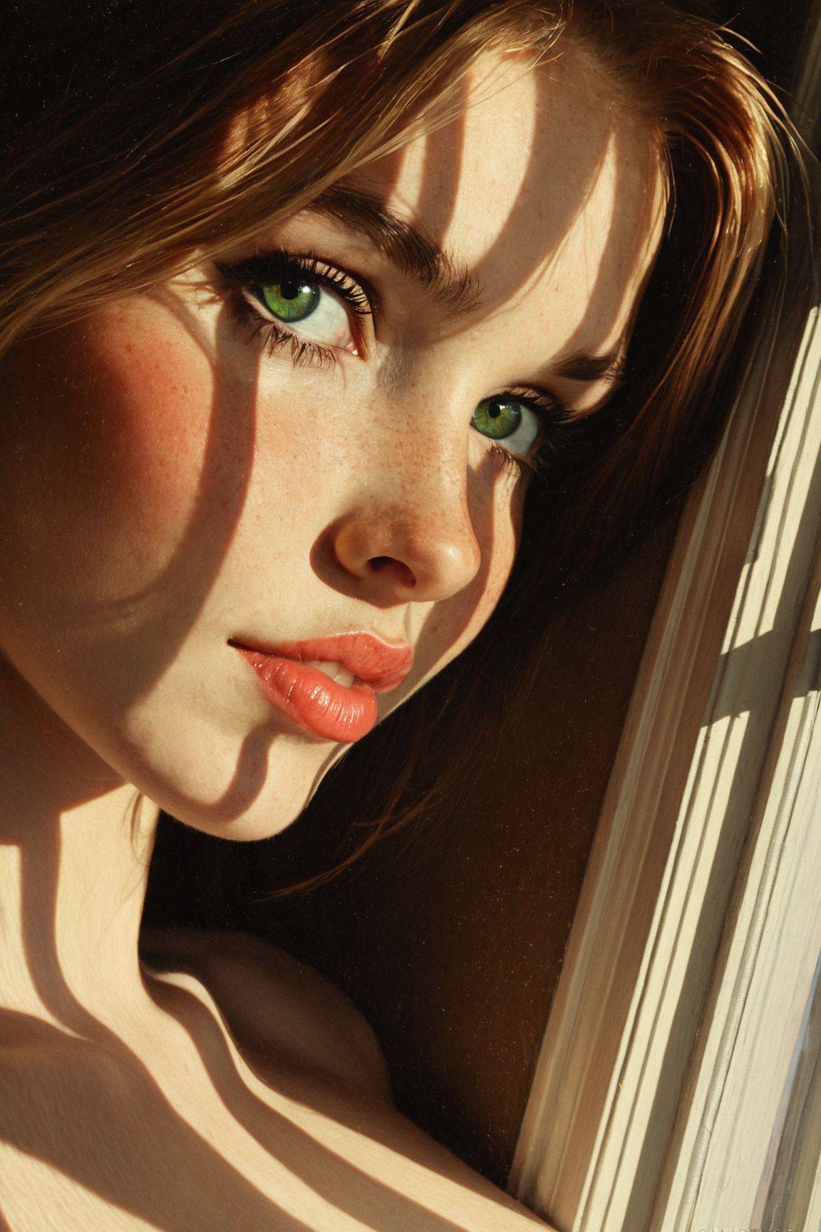 [
(digital painting by ((Pam Hawkes) and Howard Pyle) in the style of Sam Spratt:1.20), (cute girl, topless, cleavage focus, shadow and sunlight from a window, realistic skin detail, perfect eyes, sultry smirk, (green:0.75) eyes, viewed from an angle, chiaroscuro:0.80)
:
(by ((Pam Hawkes) and Howard Pyle) in the style of Sam Spratt:0.80), (low quality raw amateur photograph of a cute girl, breast and face focus, nipples, shadow and sunlight from a window, realistic skin detail, perfect eyes, nipple detail, sultry smirk, (green:0.75) eyes, viewed from an angle, chiaroscuro, perfect eyes, skin pores, sultry smile, nipple focus, topless, close up shot, amateur, real life photo, raw, dappled light, puffy pink nipples, chiaroscuro, realistic skin detail, skin pores, stunning eyes, nipple detail, areolae:1.20)
:0.99]
<lora:novuschroma pastels on black 2:0.35> <lora:Hyperdetailed Colored Pencil v2:0.55> <lora:EnvyStudioPortraitXL01:0.15>