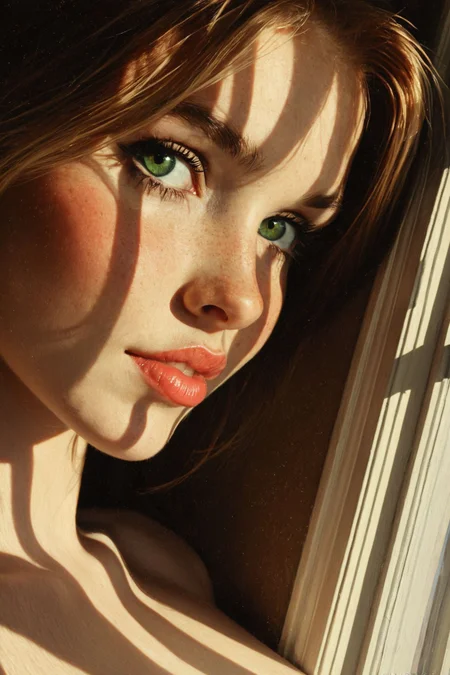 [
(digital painting by ((Pam Hawkes) and Howard Pyle) in the style of Sam Spratt:1.20), (cute girl, topless, cleavage focus, shadow and sunlight from a window, realistic skin detail, perfect eyes, sultry smirk, (green:0.75) eyes, viewed from an angle, chiaroscuro:0.80)
:
(by ((Pam Hawkes) and Howard Pyle) in the style of Sam Spratt:0.80), (low quality raw amateur photograph of a cute girl, breast and face focus, nipples, shadow and sunlight from a window, realistic skin detail, perfect eyes, nipple detail, sultry smirk, (green:0.75) eyes, viewed from an angle, chiaroscuro, perfect eyes, skin pores, sultry smile, nipple focus, topless, close up shot, amateur, real life photo, raw, dappled light, puffy pink nipples, chiaroscuro, realistic skin detail, skin pores, stunning eyes, nipple detail, areolae:1.20)
:0.99]
<lora:novuschroma pastels on black 2:0.35> <lora:Hyperdetailed Colored Pencil v2:0.55> <lora:EnvyStudioPortraitXL01:0.15>