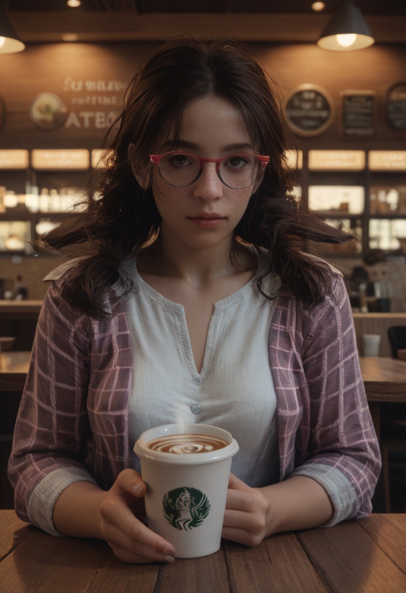 score_9, score_8_up, score_7_up Julia Chang in a cafe holding a coffee