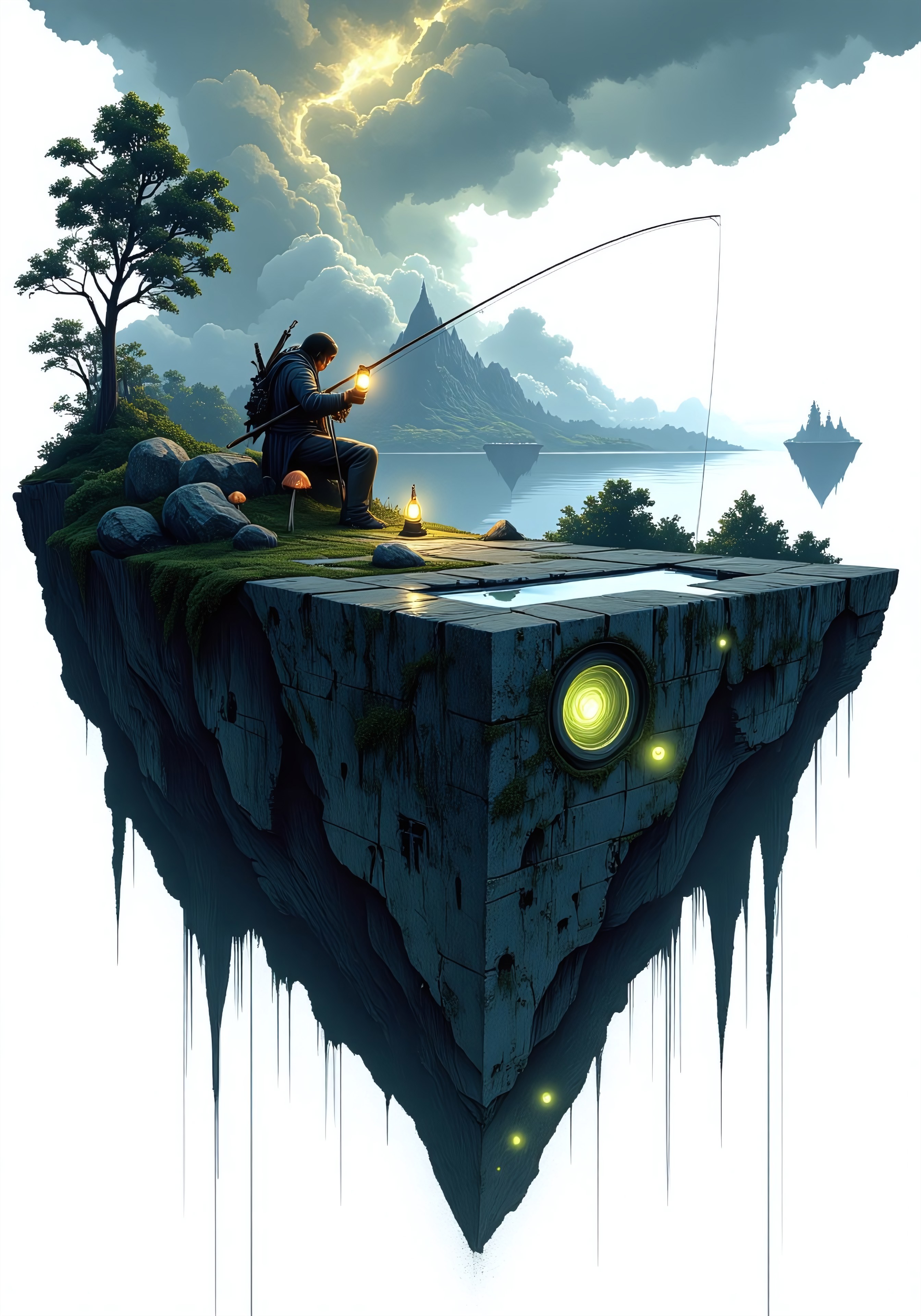A fantasy concept art illustration of a lone fisherman sitting on the edge of a floating rock formation, casting his fishing line down into the white void below. The rock is covered in patches of moss and small glowing mushrooms, giving it a mystical appearance. A few ancient ruins with engraved symbols are scattered on the rock, hinting at a forgotten past. The fisherman wears a weathered cloak, and his lantern glows softly, illuminating the misty surroundings. The sky above is filled with swirling clouds and distant floating islands, adding to the dreamlike atmosphere. The entire composition is designed in a cutout style, with the white background making it appear as though the fisherman is sitting at the edge of reality itself.