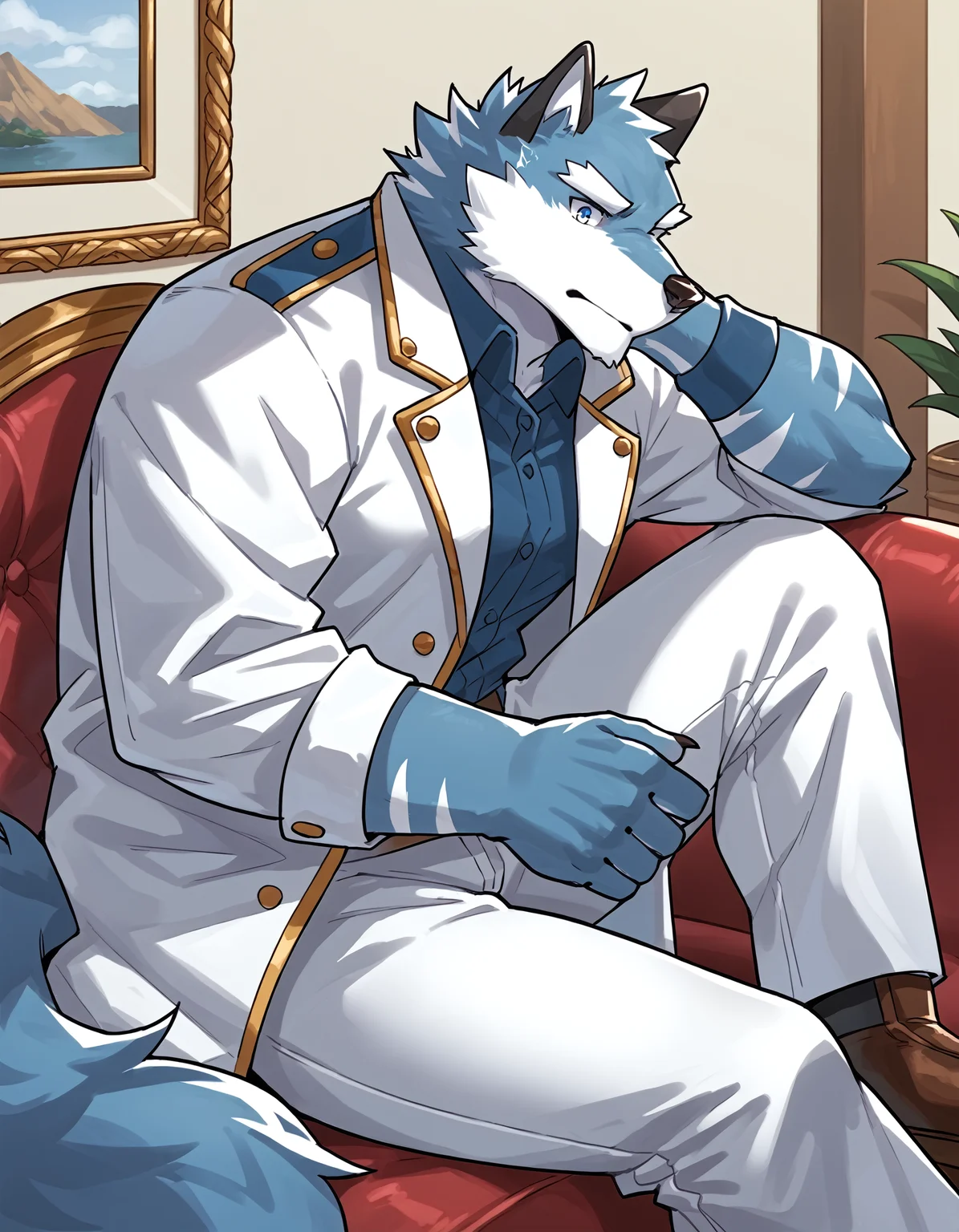 score_9, score_8_up, score_7_up, source_furry, rating_safe, 2D, BREAK ArgoXL, solo, male, anthro, wolf, two-tone body, blue fur, white fur, blue eyes, muscular, bara, claws, paws, white jacket, white pants, detailed background, indoors, <lora:ArgoXL-000010.safetensors:1.0>,