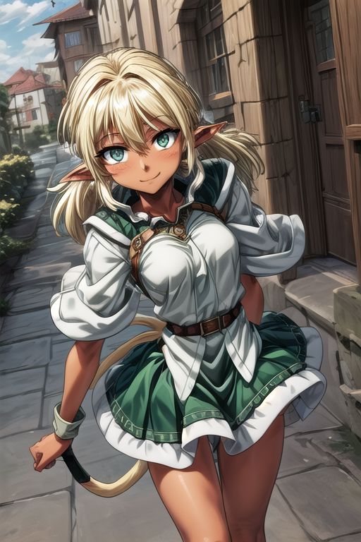best quality, ultra-detailed, (1girl, solo,fam, blonde hair, (green eyes:1.5), pointy ears, Small breasts, dark skin, dark-skinned female, elf, long pointy ears, tail, Brutal smile, Narrow eyes), tutu skirt, ng_deepnegative_v1_75t, easynegative