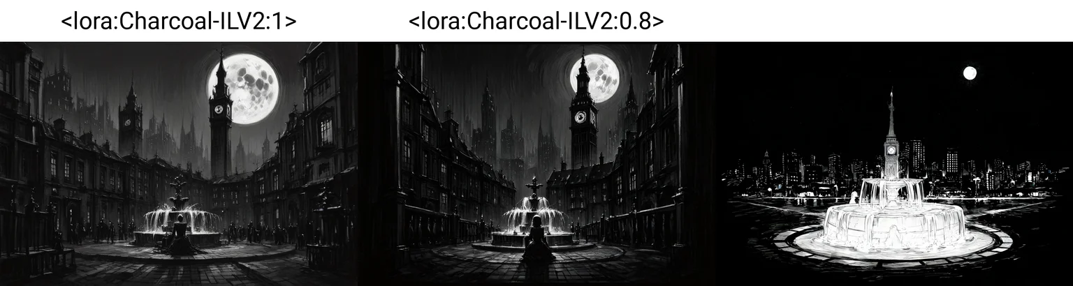 very awa, masterpiece, best quality, highres, absurdres, charcoalPaint, greyscale, outdoors, cityscape, clock tower, night, full moon, fountain, skyline, <lora:Charcoal-ILV2:1> , <lora:NOOB_vp1_detailer_by_volnovik_v1:1>