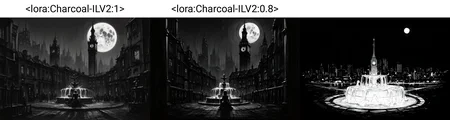 very awa, masterpiece, best quality, highres, absurdres, charcoalPaint, greyscale, outdoors, cityscape, clock tower, night, full moon, fountain, skyline, <lora:Charcoal-ILV2:1> , <lora:NOOB_vp1_detailer_by_volnovik_v1:1>