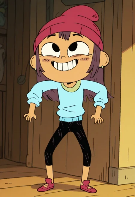 masterpiece, best quality, amazing quality, Lily Pak, solo, 1girl, black eyes, long dark brown hair, specks on cheeks, red beanie, long sleeved cyan shirt, black pants, green earrings, red shoes, grin, full body