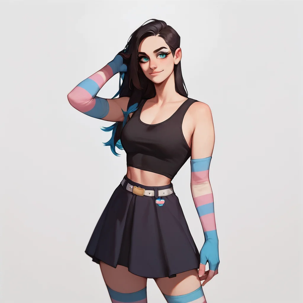 score_9, score_8_up, score_7_up, score_6_up,
simple background, white background,
(1girl:1.3), solo,
long hair, black hair, blue eyes, gothic,
cowboy shot, breasts, light smile, transgender pride colors,
multicolored clothes, black tank top, sweatshirt, trans sweatshirt,
trans elbow gloves, belt, skirt, trans thighhighs, horizontal stripes, partially fingerless gloves,
<lora:trans_colors-v15:0.8>