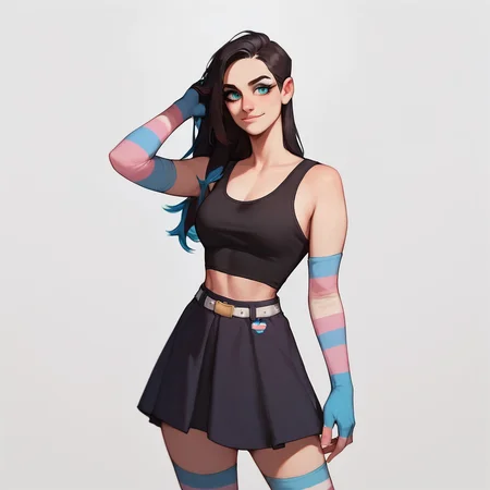 score_9, score_8_up, score_7_up, score_6_up,
simple background, white background,
(1girl:1.3), solo,
long hair, black hair, blue eyes, gothic,
cowboy shot, breasts, light smile, transgender pride colors,
multicolored clothes, black tank top, sweatshirt, trans sweatshirt,
trans elbow gloves, belt, skirt, trans thighhighs, horizontal stripes, partially fingerless gloves,
<lora:trans_colors-v15:0.8>
