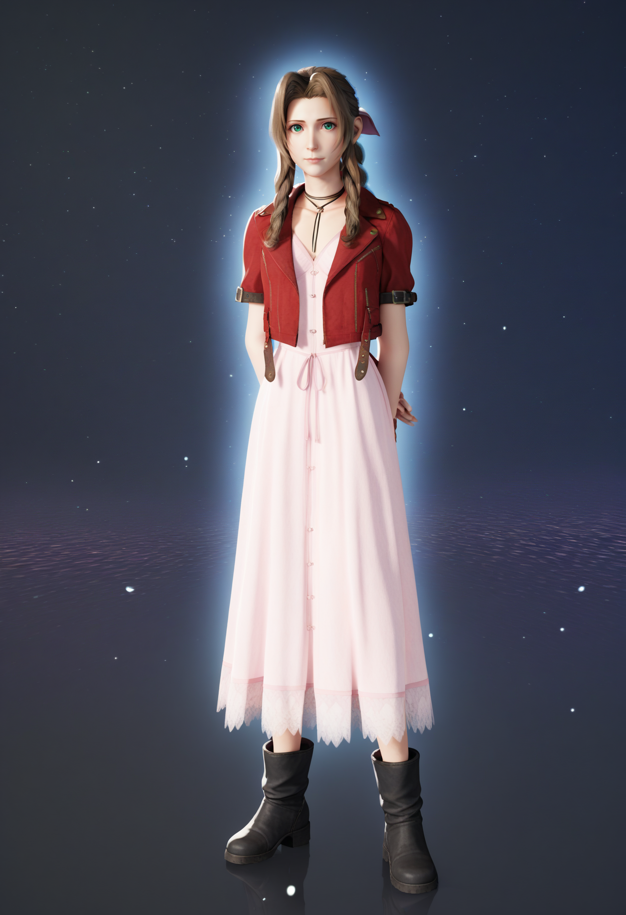 score_9, score_8_up, score_7_up, BREAK 
blender,3D BREAK 
1girl, aerith gainsborough, brown hair, braided ponytail, long hair, green eyes, hair ribbon, red jacket, cropped jacket, bow, choker, long pink dress, pink bow, boots,
hands behind back, looking at viewer, dark background, simple background, particles, bokeh, black background,starry background,galaxy background,dark,contrast    <lora:AerithXL_byKonan:1>
