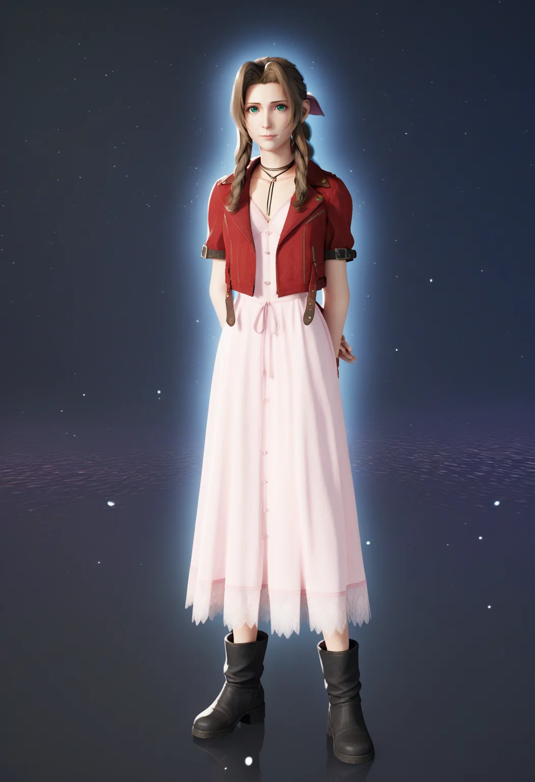 score_9, score_8_up, score_7_up, BREAK 
blender,3D BREAK 
1girl, aerith gainsborough, brown hair, braided ponytail, long hair, green eyes, hair ribbon, red jacket, cropped jacket, bow, choker, long pink dress, pink bow, boots,
hands behind back, looking at viewer, dark background, simple background, particles, bokeh, black background,starry background,galaxy background,dark,contrast    <lora:AerithXL_byKonan:1>