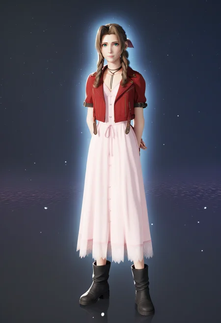 score_9, score_8_up, score_7_up, BREAK
blender,3D BREAK
1girl, aerith gainsborough, brown hair, braided ponytail, long hair, green eyes, hair ribbon, red jacket, cropped jacket, bow, choker, long pink dress, pink bow, boots,
hands behind back, looking at viewer, dark background, simple background, particles, bokeh, black background,starry background,galaxy background,dark,contrast <lora:AerithXL_byKonan:1>