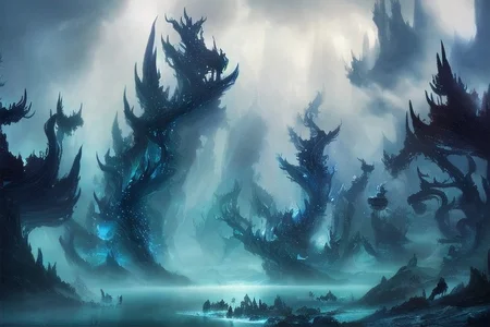 A beautiful fantasy forest landscape with mythical creatures and a lorelai in a sea. The atmosphere is mystic and mysterious. The mystical forest is with fog and a big white fenrir. FanLan, Fanfo