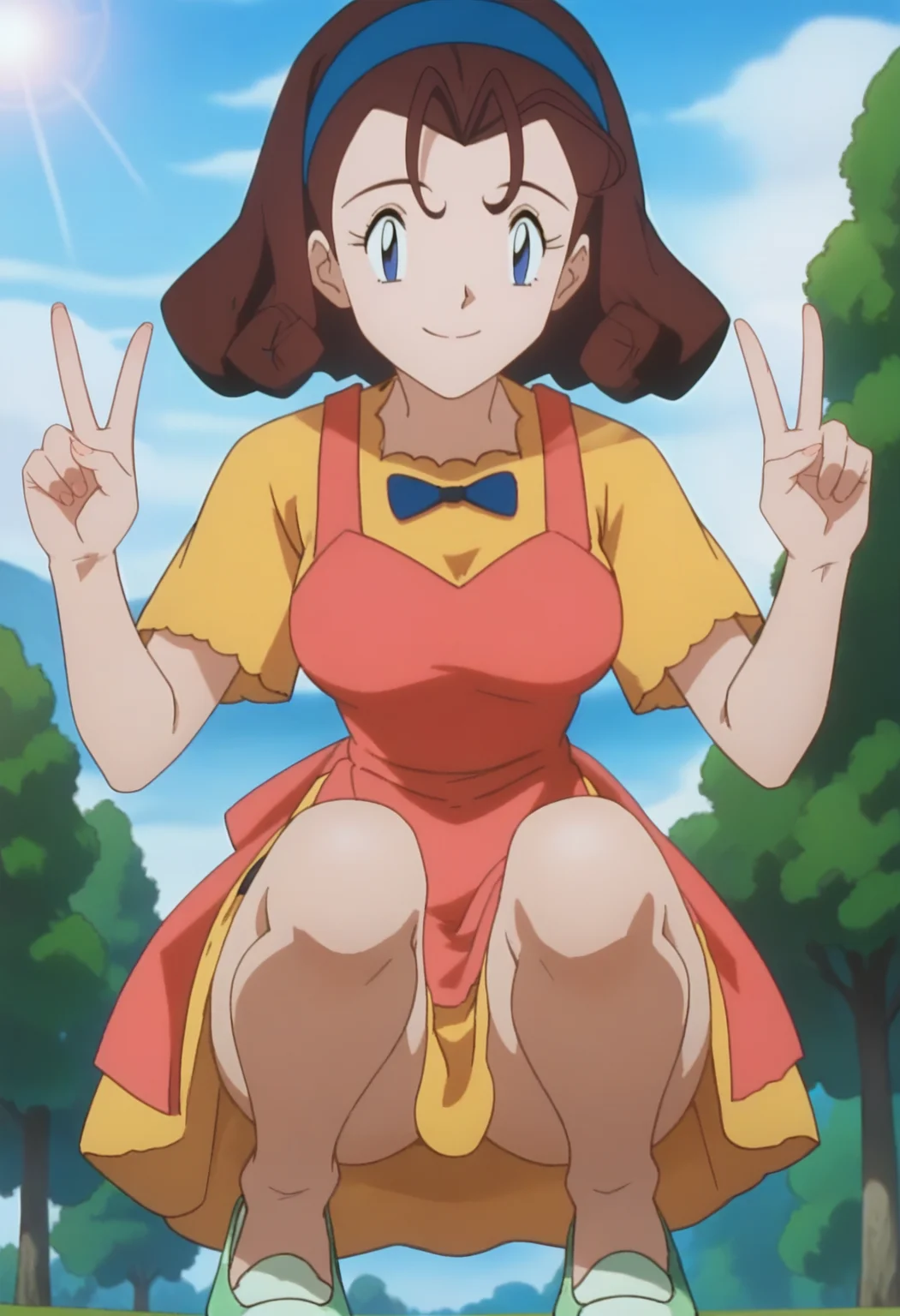 score_9, score_8_up, score_7_up, score_6_up, anime screencap, anime coloring, <lora:PMReiko_epoch_10:0.9>, PMReiko, 1girl, solo, brown hair, blue hairband, short hair, blue eyes, breasts,
pink apron, yellow dress, short sleeves, green shoes,
looking at viewer, squatting, smile, double v,
BREAK blue sky, sunlight, day, sunbeam, outdoors,