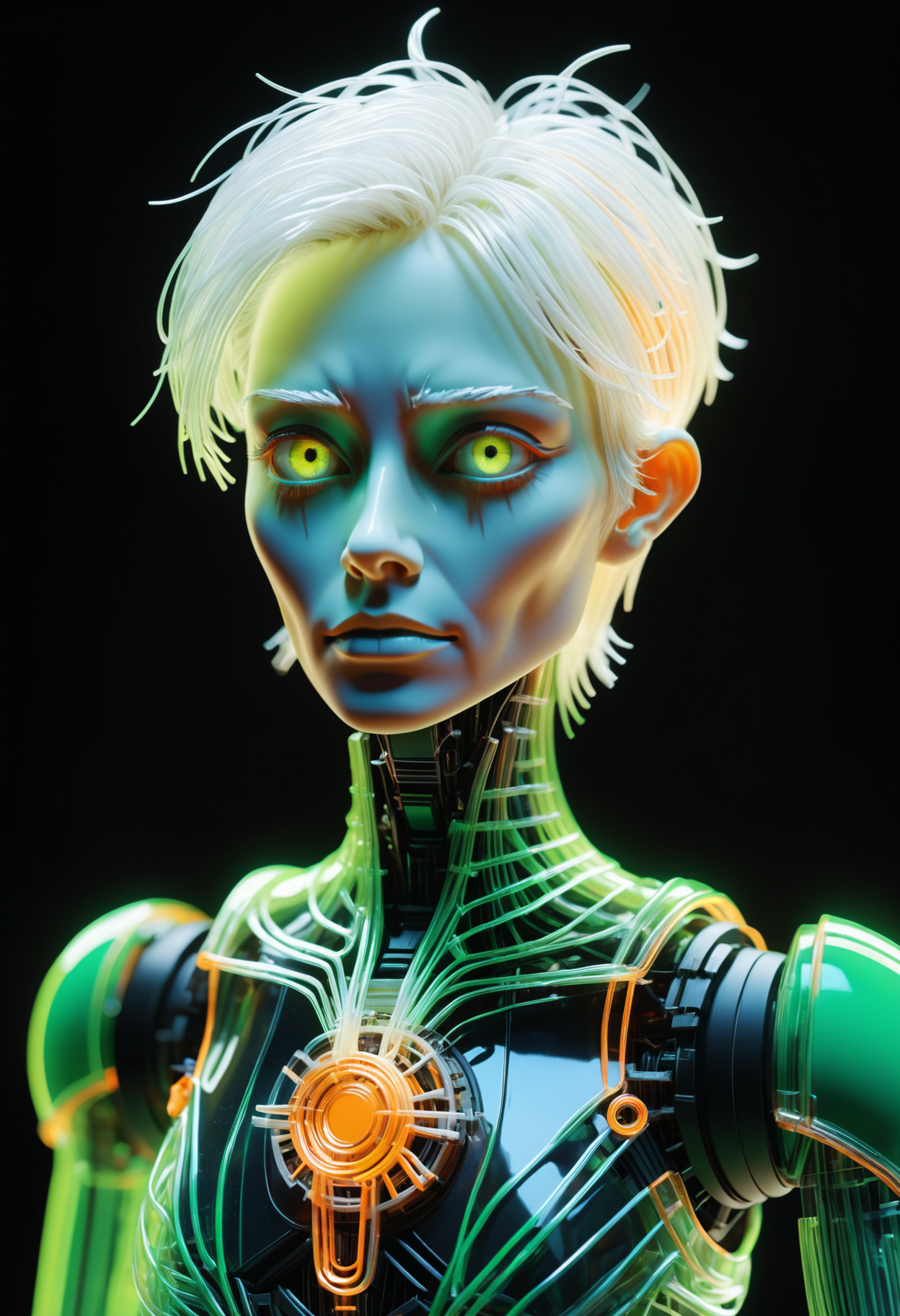 (Ombre color scheme of neon green,neon light orange ,neon orange ) made of, tiny neon glass filaments, w0gf1l <lora:World_of_Glass_Filament:0.81>  Manga style, detailed hyperrealism, full-body automaton (Jamie Hewlett, John Berkey), with short, straight white hair, opal medallion, head tilted to one side, face hidden by hair, very high contrast, overhead lighting, 3D rendering, 4