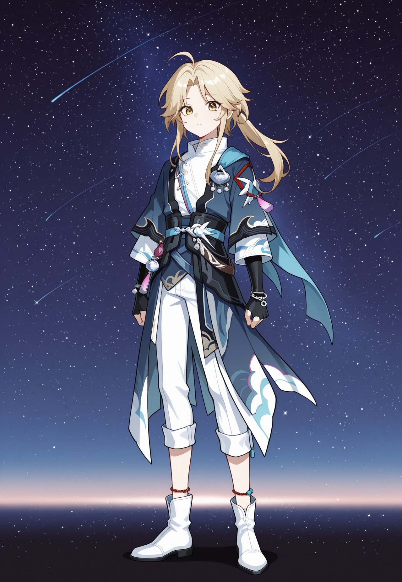 masterpiece,best quality,amazing quality, source_anime, 

Yanqihonk, 1boy, male focus, solo, star (sky), looking at viewer, full body, sky, yellow eyes, standing, starry sky, tassel, blonde hair, long hair, ponytail, chinese clothes, shirt, white shirt, kimono, blue kimono, tassel, belt, fingerless gloves, black gloves, white pants, capri pants, anklet, ankle boots, white footwear, obi