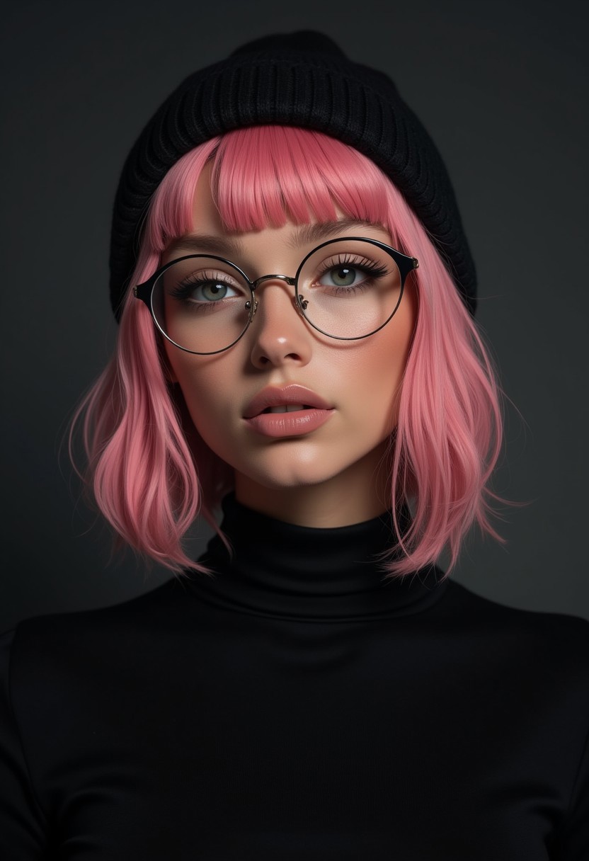 a cute woman, pink hair bob, wearing skin tight black turtle neck and a beanie, thin-rimmed round glasses, front view, (hi-top fade), (dark theme:0.9), soothing tones, muted colors, high contrast, (natural skin texture, hyperrealism, soft light, sharp), close up