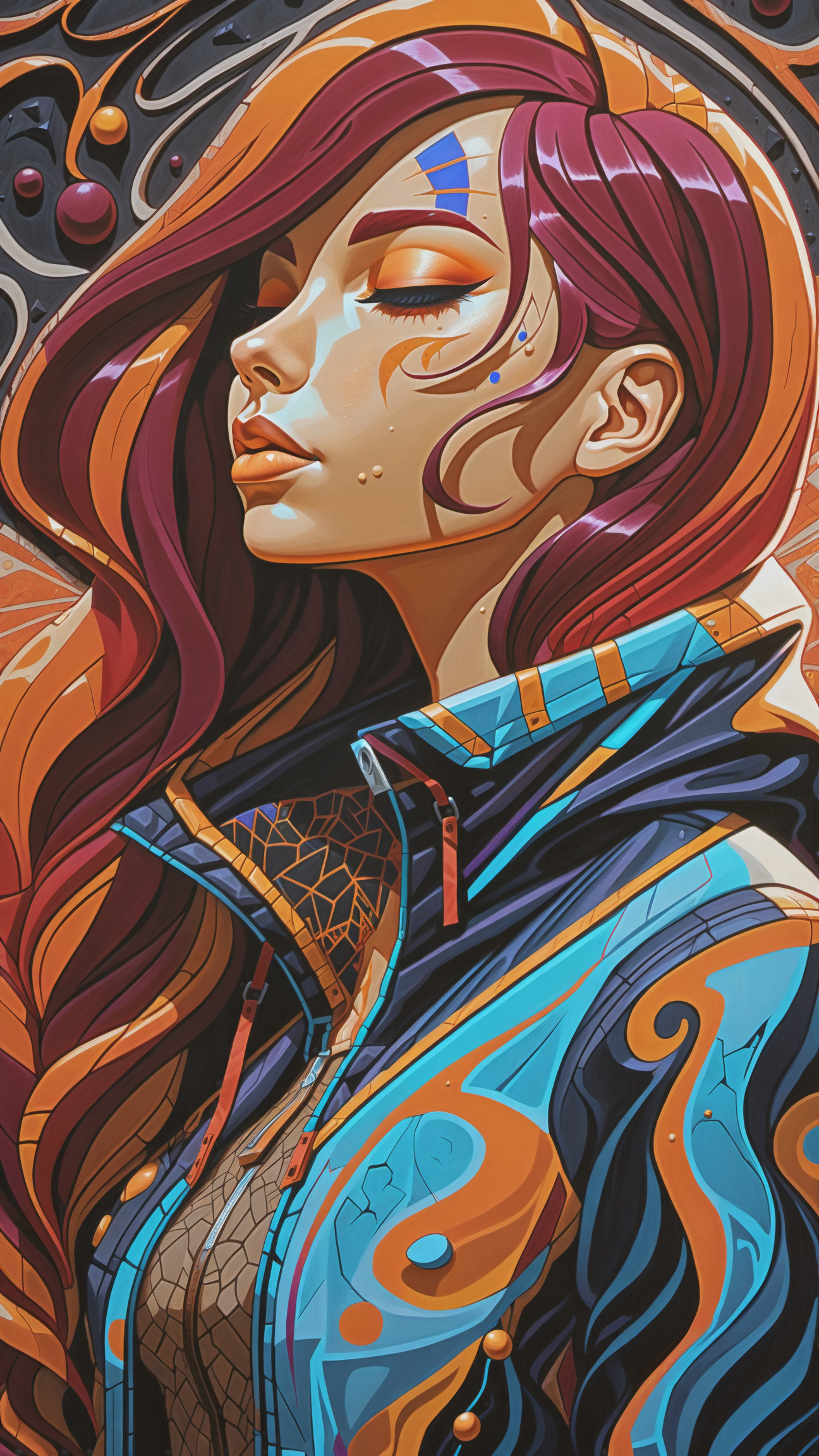 female, Russian Gopnik, sport jacket, tracksuit, background symbol graffiti, ruined city, concrete, portrait, long red hair, human thoughts art, elegant fantasy, intricate, crisp quality, Bela Magyar, 35mm film, 35mm photography, 8k uhd, hdr, ultra-detailed, Wet black and orange color inks line art dreamy female portrait with lot of lace filigrees on black canvas illustration described in the perfect fractal (style of Vassily Kandinsky), closed eyes, colorful, masterpiece, expert, insanely detailed, 4k resolution, best quality, high quality, vivid, detailed background, otherworldly, digital art, death shadow nightmare ethereal beast, floating into the abyssal heights, nebula, cinematic, dreaming, Film light, bathing in light, very sharp focus, Hyper detailed, Hyper realistic, masterpiece, spiritual, surreal, atmospheric, maroon cream bronze, High resolution, Vibrant, High contrast, dark angle, 8k, HDR, 500px, kawaii girl, blue hair