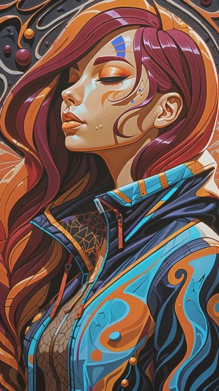 female, Russian Gopnik, sport jacket, tracksuit, background symbol graffiti, ruined city, concrete, portrait, long red hair, human thoughts art, elegant fantasy, intricate, crisp quality, Bela Magyar, 35mm film, 35mm photography, 8k uhd, hdr, ultra-detailed, Wet black and orange color inks line art dreamy female portrait with lot of lace filigrees on black canvas illustration described in the perfect fractal (style of Vassily Kandinsky), closed eyes, colorful, masterpiece, expert, insanely detailed, 4k resolution, best quality, high quality, vivid, detailed background, otherworldly, digital art, death shadow nightmare ethereal beast, floating into the abyssal heights, nebula, cinematic, dreaming, Film light, bathing in light, very sharp focus, Hyper detailed, Hyper realistic, masterpiece, spiritual, surreal, atmospheric, maroon cream bronze, High resolution, Vibrant, High contrast, dark angle, 8k, HDR, 500px, kawaii girl, blue hair