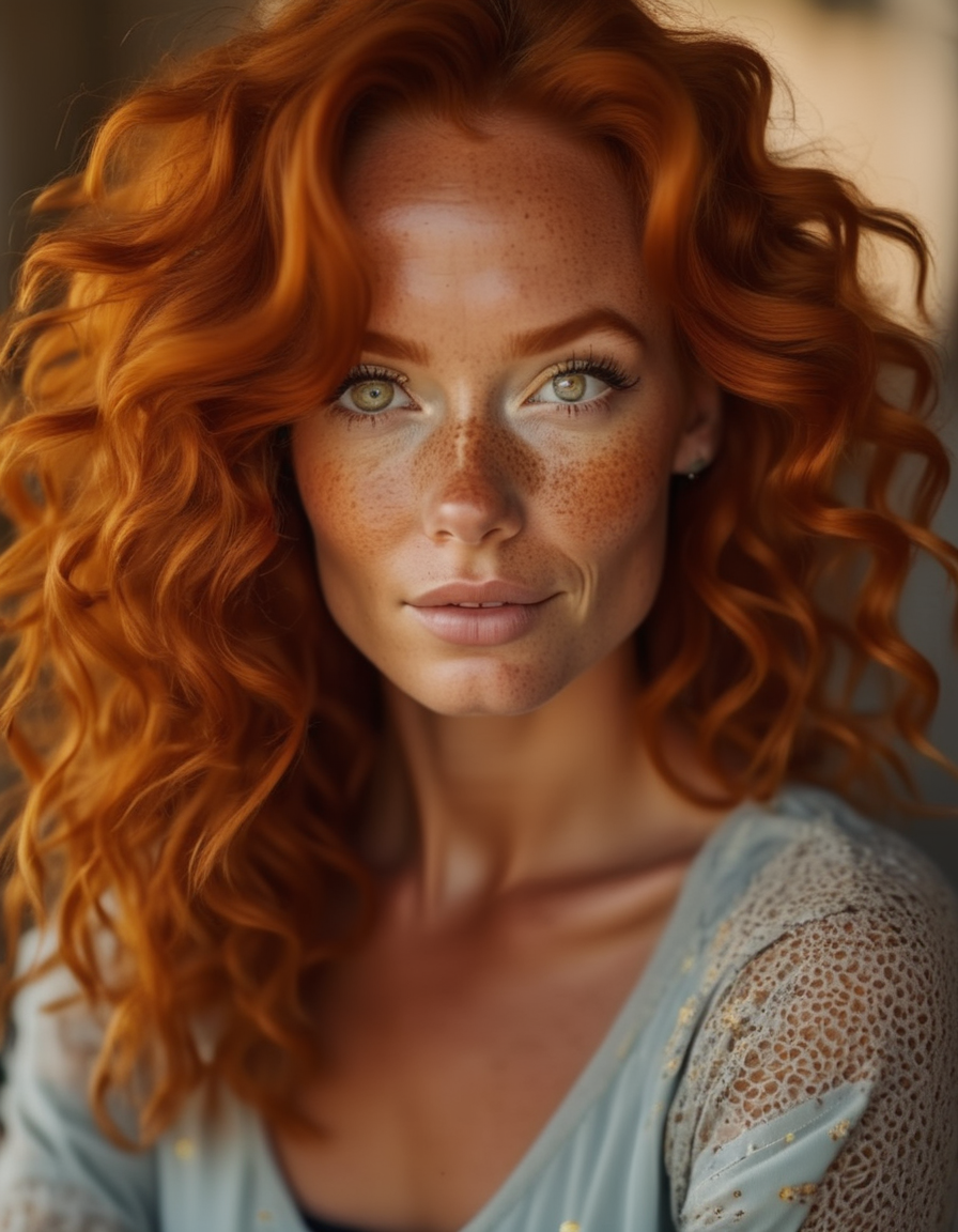 A stunning portrait of a woman with fiery red hair styled in loose curls, her freckled face glowing with warmth, and her amber eyes exuding confidence. <lora:usual-portrait-v2:1>