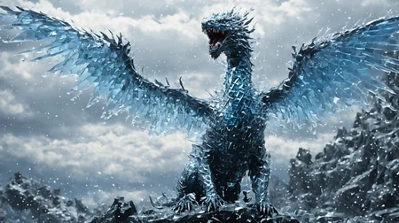 <lora:Classic Western Dragons XL:0.5>,<lora:dungeons_and_dragons_xl_v3:0.2>,<lora:xl_more_art-full_v1:0.3>,<lora:Made_of_pieces_broken_glass-000001:2>,<lora:JuggerCineXL2:0.2>,
intricate detail,cinematic lighting,amazing shading,soft lighting,perfect eyes,(masterpiece),photo_(medium),(realistic:1.2),game cg,
Made_of_pieces_broken_glass,glass,shards,ice,transparent scales,finely broken glass,(ice scales:1.5),
no humans,panorama,landscape,atmospheric perspective,wide_shot,from side,dramatic atmosphere,snow mountain,(cloud:1.1),fog,snowing,
(solo:1.5),dragon,white dragon,symmetrical wings,ice wings,shouting,muscular,(white_scales:1.2),(blue scale:0.8),blue eyes,sharp_teeth,wide open blue mouth,dragon horns,4_legs,long tail,claw,standing on the top of mountain,huge body,