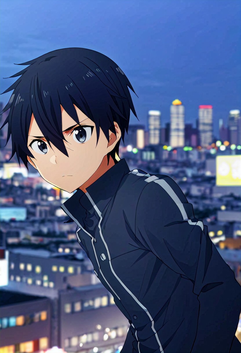 high resolution, solo, best quality, 1Boy, Kazuto Kirigaya, Black Hair, Black Eyes, Subject in focus, cityscape blurred, dynamic, urban,