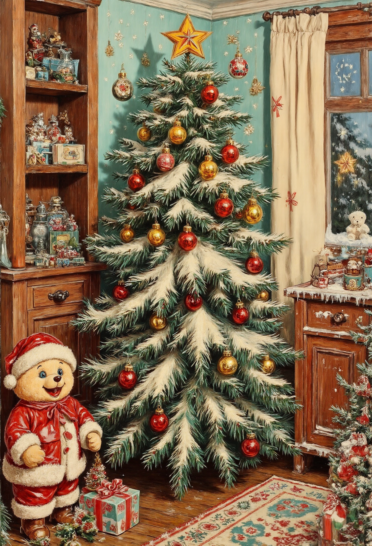 pstcs001, A whimsical childrenâs room: A Christmas tree decorated with colorful ornaments, glowing fairy lights, and toy-themed decorations. Surrounding gifts include toy trains, teddy bears, and candy jars. Playful, cheerful, and full of childhood wonder.