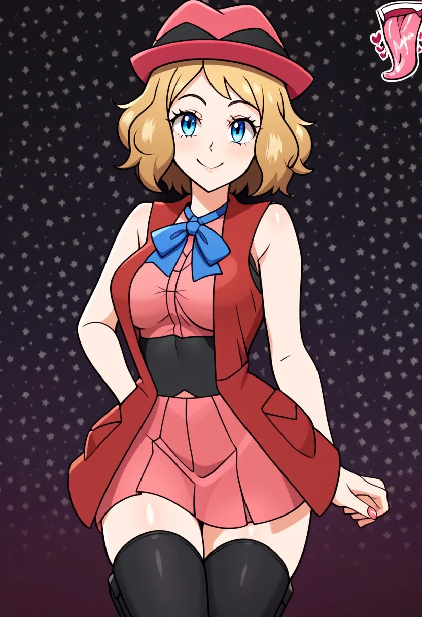 score_9, score_8_up, score_7_up, score_6_up, score_5_up, score_4_up, source_anime, <lora:confetti-extract- ponyxl:0.85>, detailed eyes, easynegative, rating_explicit, Expressiveh, 1girl, solo, serena \(pokemon\), 1girl, blue eyes, eyelashes, short hair, blonde hair, hat, neck ribbon, blue ribbon, pink shirt, sleeveless, bare arms, red jacket, pink skirt, black thighhighs, boots, Big breasts, soft smile, looking at viewer