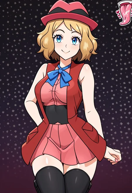 score_9, score_8_up, score_7_up, score_6_up, score_5_up, score_4_up, source_anime, <lora:confetti-extract- ponyxl:0.85>, detailed eyes, easynegative, rating_explicit, Expressiveh, 1girl, solo, serena \(pokemon\), 1girl, blue eyes, eyelashes, short hair, blonde hair, hat, neck ribbon, blue ribbon, pink shirt, sleeveless, bare arms, red jacket, pink skirt, black thighhighs, boots, Big breasts, soft smile, looking at viewer