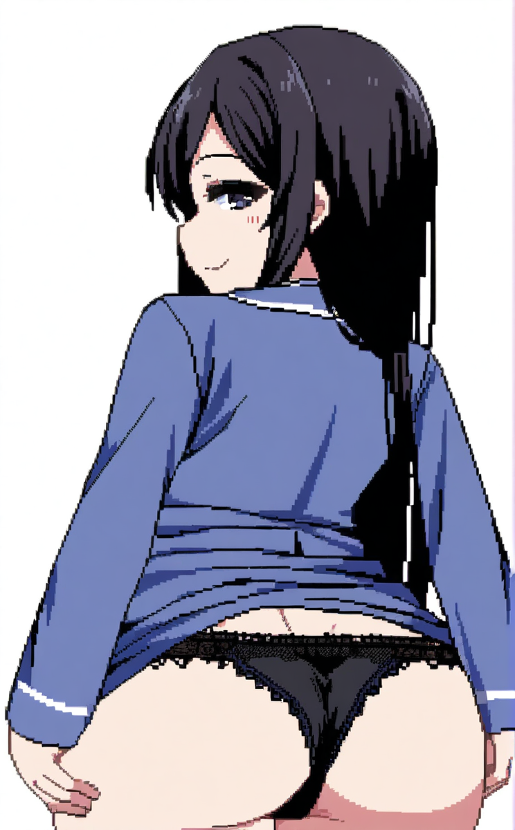 character: Kanae (å¶ç»), character: Kanae (å¶ç») clothes3, pixel art, 1girl, solo, simple background, white background, from behind, cowboy shot, looking back, looking at viewer, smile, black eyes, long hair, black hair, ass, black panties, no pants, lace-trimmed panties, long sleeves, blue pajamas, blue shirt<lora:summer memories v8.3 (å¤æè£æ­£ååå¾ç¿»è½¬)-000005:1>
