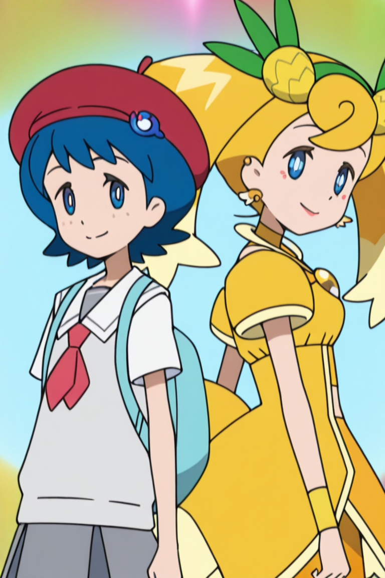 2girls,  back-to-back,  looking at viewer, smile, 
<lora:lana_scho_magi_1:1> mag3ca gir7l,
BREAK,.
la7na un7form,blue eyes,blue hair,short hair, red beret,blue clip in beret,gray school uniform,sailor collar, yellow shirt,red scarf like tie,light blue backpack,
BREAK,.
la7na mag3cal,blue eyes,yellow hair,two ponytails,green headband with pineapples,yellow wings earrings,makeup,yellow dress,yellow wristbands,midriff, yellow short pants,yellow tail,, masterpiece, high quality, absurdres, best quality, very aesthetic, newest,