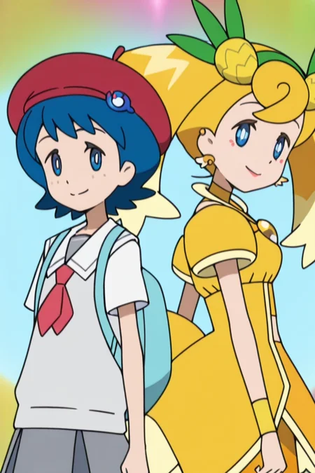 2girls,  back-to-back,  looking at viewer, smile, 
<lora:lana_scho_magi_1:1> mag3ca gir7l,
BREAK,.
la7na un7form,blue eyes,blue hair,short hair, red beret,blue clip in beret,gray school uniform,sailor collar, yellow shirt,red scarf like tie,light blue backpack,
BREAK,.
la7na mag3cal,blue eyes,yellow hair,two ponytails,green headband with pineapples,yellow wings earrings,makeup,yellow dress,yellow wristbands,midriff, yellow short pants,yellow tail,, masterpiece, high quality, absurdres, best quality, very aesthetic, newest,