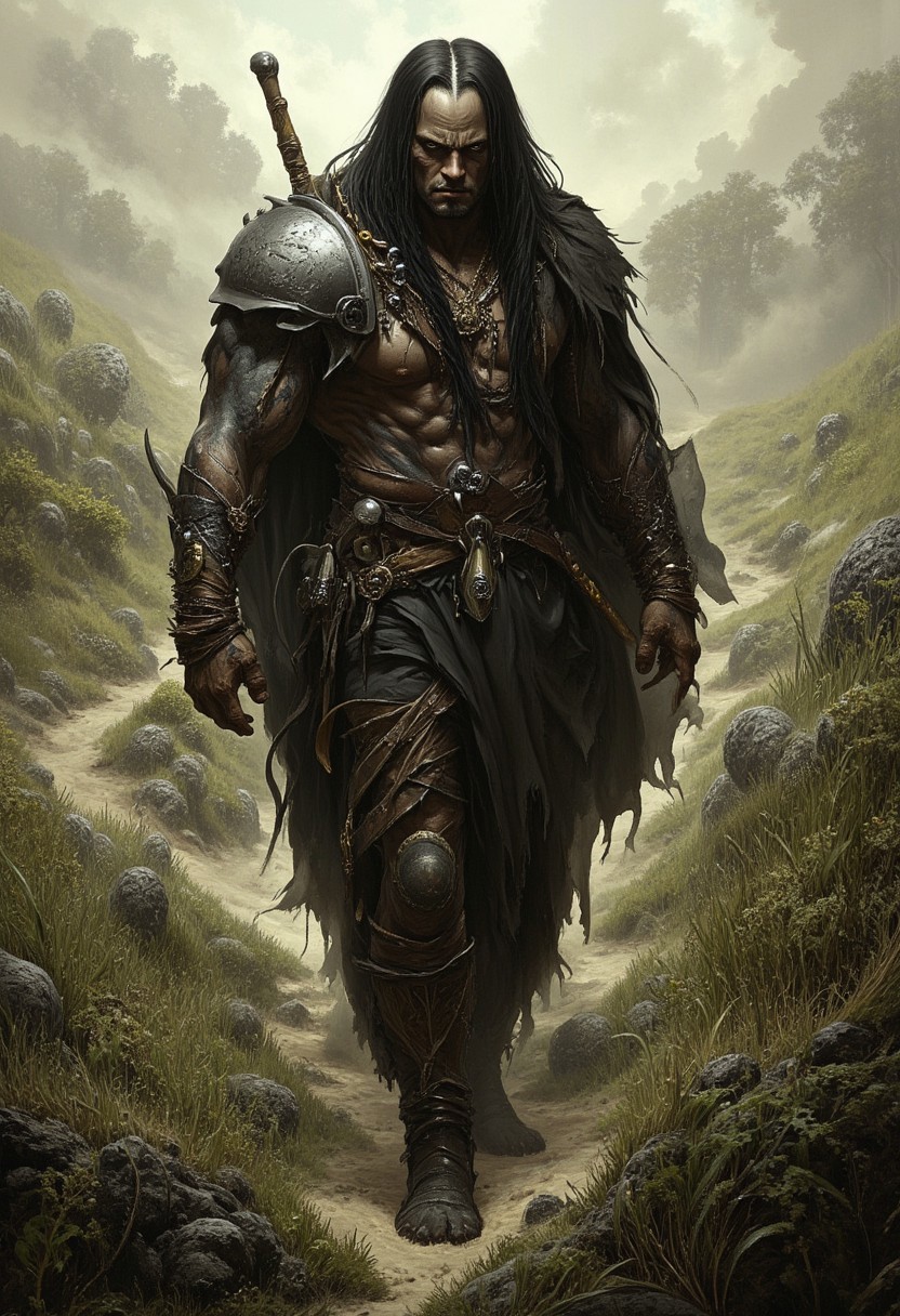 dark fantasy and eerie scene, 1man, over seven feet tall and heavily muscled walking in a dusty grass plain. (His flat broad face is tattooed like shattered glass and his teeth are filed). Olive skin. he is almost bald with a dark thick braid starting at the center of his head and hanging down the left side of his chest, the braid is knotted with fetishes of finger bones, strips of gold-threaded silk, and animal canine teeth. He wear a cloak of hide over an armoured vest that appeared to be made of clam shells. Above his loincloth was a wide belt decorated with shriveled ears. He carry a big two-handed sword with a stone pommel and wooden grip. Two bone-handled daggers, each as long and broad-bladed as a short sword, are sheathed in the high moccasins that reached to just below his knees. Ethereal chains start from his neck.
mystical touch, dread atmosphere, sense of suspense and wonder, view from above, 
(score_9, score_8_up:1.1), score_7_up, (reflective volumetric), raytracing, absurdres, dark, low-key, zavy-rmlght