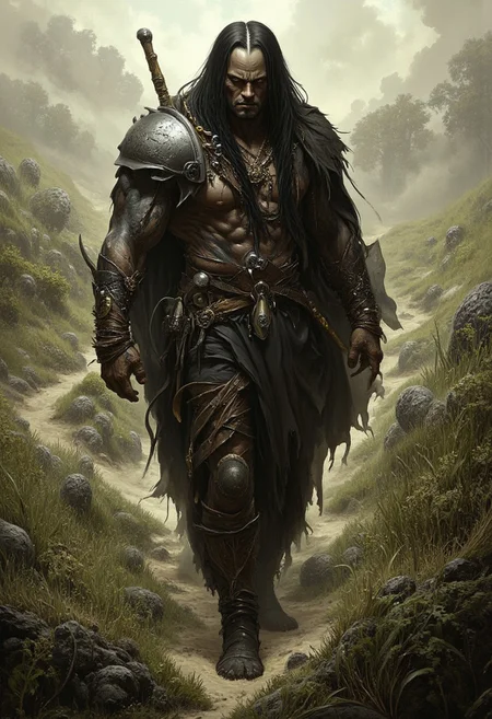 dark fantasy and eerie scene, 1man, over seven feet tall and heavily muscled walking in a dusty grass plain. (His flat broad face is tattooed like shattered glass and his teeth are filed). Olive skin. he is almost bald with a dark thick braid starting at the center of his head and hanging down the left side of his chest, the braid is knotted with fetishes of finger bones, strips of gold-threaded silk, and animal canine teeth. He wear a cloak of hide over an armoured vest that appeared to be made of clam shells. Above his loincloth was a wide belt decorated with shriveled ears. He carry a big two-handed sword with a stone pommel and wooden grip. Two bone-handled daggers, each as long and broad-bladed as a short sword, are sheathed in the high moccasins that reached to just below his knees. Ethereal chains start from his neck.
mystical touch, dread atmosphere, sense of suspense and wonder, view from above,
(score_9, score_8_up:1.1), score_7_up, (reflective volumetric), raytracing, absurdres, dark, low-key, zavy-rmlght