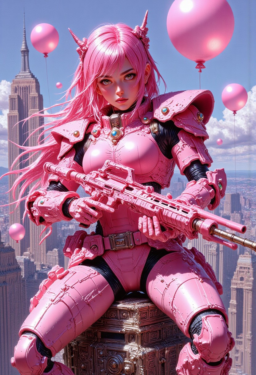 The image features a pink-haired, anime-inspired female woman dressed in futuristic, high-tech pink armor. Her armor is predominantly pink with metallic details, including shin guards, knee pads, and a chest plate, giving her a bold, commanding appearance. She is holding a large, rifle with intricate details and pink accents, suggesting a combat-ready posture. She sits on top of a building, with the New York city skyline visible in the background, showcasing iconic skyscrapers such as the Empire State Building.
The image has a dynamic composition, with the subject framed slightly to the side, her gaze directed towards the viewer. Floating around her are pink balloons, adding a surreal, dream-like quality to the scene. The vibrant pink hues contrast with the backdrop of the city and the bright blue sky, creating a striking visual effect. The character’s long, flowing pink hair further enhances the scene's fantastical and energetic feel.
The overall theme blends futuristic technology with playful, almost whimsical elements, suggesting a powerful yet light-hearted aesthetic. The setting on top of a skyscraper with a wide cityscape implies both a sense of power and detachment from the world below.
Perfect hand. candy colors in the style of ckcf, cyberpunk,mythp0rt, detailed hands, candy colors in the style of ckcf