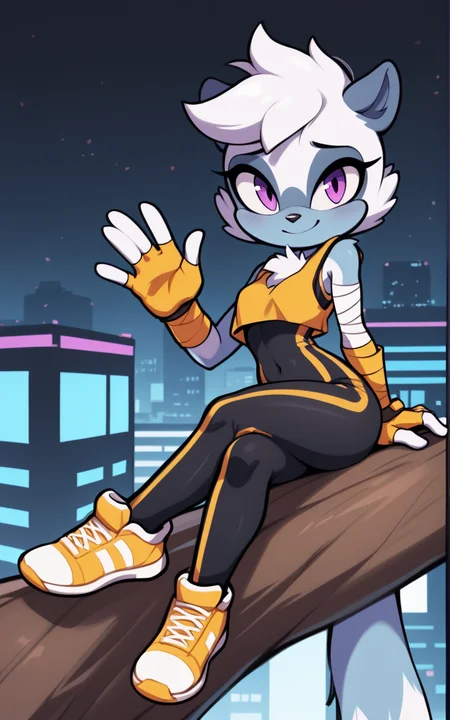 best quality, absurdres,full body, <lora:BolivanteStyleITS:0.8>,   <lora:TTLITS:0.8>, TTLITS, furry female, furry, gloves, tail, animal ears, fingerless gloves,purple eyes, short hair, shoes,animal nose,white hair,bodysuit, bandages, yellow footwear, skin tight,blue fur, black bodysuit, Sleeveless,yellow crop top,solo,slim,sitting on a tree branch, city,sci-fi,waving, looking at viewer,smile, Crossed legs