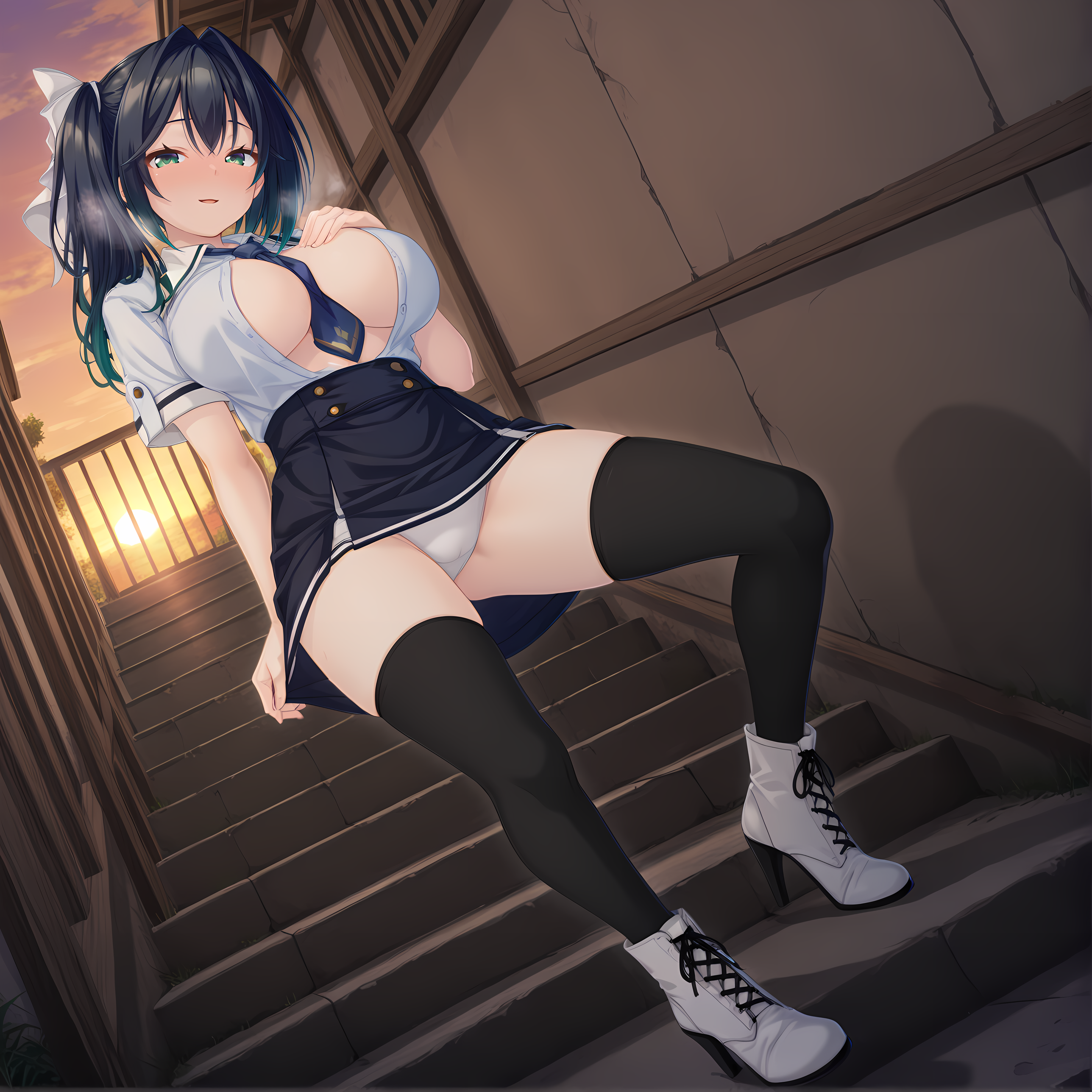 <lora:Ryugato_Yachiyo:0.8>,solo,standing,yachiyo with black hair,green eyes,long hair,hair ribbon,side ponytail,hair intakes,hair between eyes,large breasts,blush,aroused,outdoors,looking at viewer,skirt lift,white panties,sailor shirt,short sleeves,black skirt,suspender skirt,necktie,full body,seductive smile,in heat,aroused,horny,parted lips,(heavy breathing:1.1),sunset,from below,black thighhighs,white footwear,high heel boots,standing,steaming body,unbuttoned,cleavage,open shirt,stairs,sitting,seductive smile,necktie between breasts,dutch angle,unbuttoning,hand on own chest,hand on thighs,, masterpiece,best quality,amazing quality, very aesthetic, absurdres,detailed eyes,ultra-detailed,